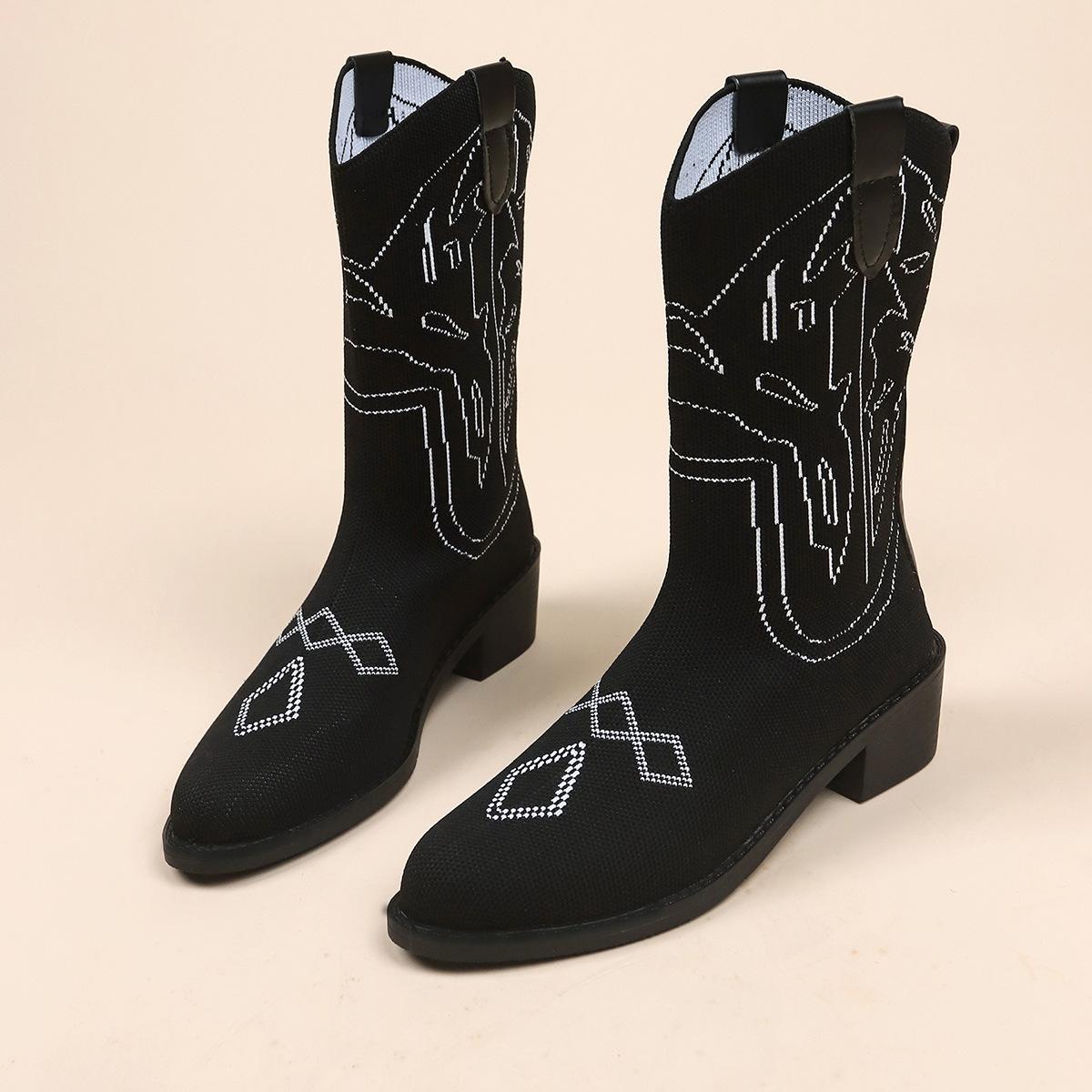 

Новые вязаные эластичные теплые сапоги средней длины для женщин в европейском и американском стиле, импортные, большого размера, толстый каблук, летящие вязаные вышитые ретро-носки 36 чёрный