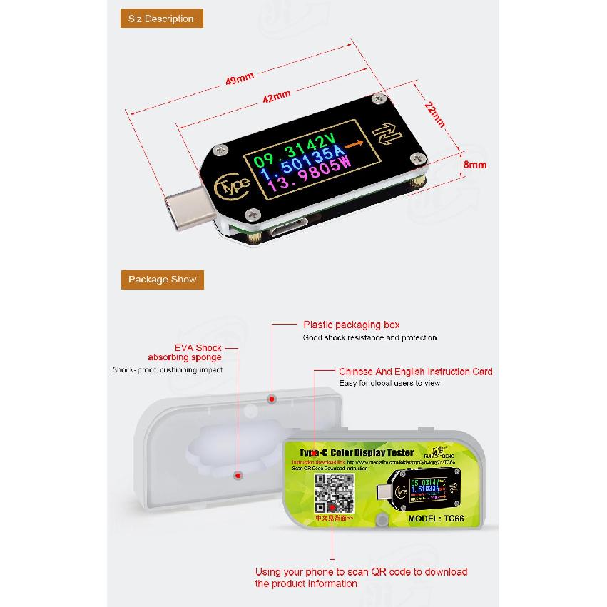 TC66/TC66C TC64 Type-C PD Trigger USB-C Voltmeter Ammeter Voltage 2 Way Current Meter Multimeter PD Charger Battery USB Tester