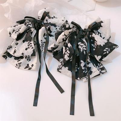 Large Bowknot Ribbon Hairpin Elegant Women Korean Strapbow Hair Clips Flower Print Duckbill Clips Girls Hair Accessories