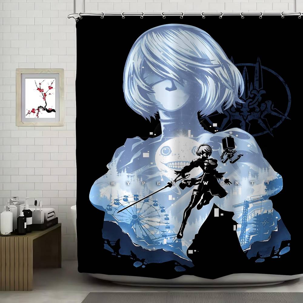 Nier Automata White Shower Curtain, Bathroom Decorative Shower Curtain, Waterproof Shower Curtain With Hooks