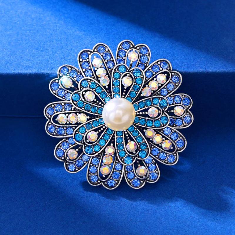 

Luxury Blue Flower Pearls Brooch For Women Clothing Coat Jewelry Accessories Gifts 1pc