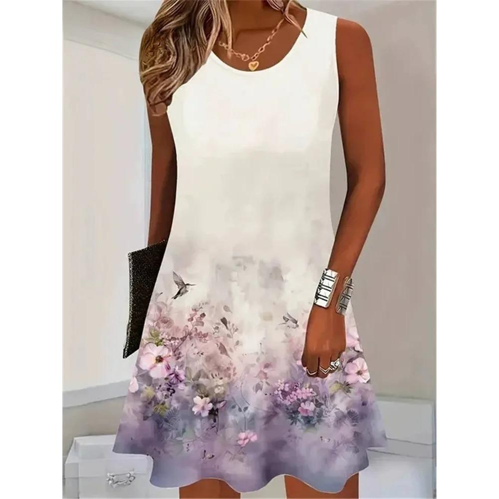 Red Rose Flower Print Dress Summer Women Fashion Sleeveless Loose Mini Dress Casual O-Neck Pocketless Plus Size Dresses