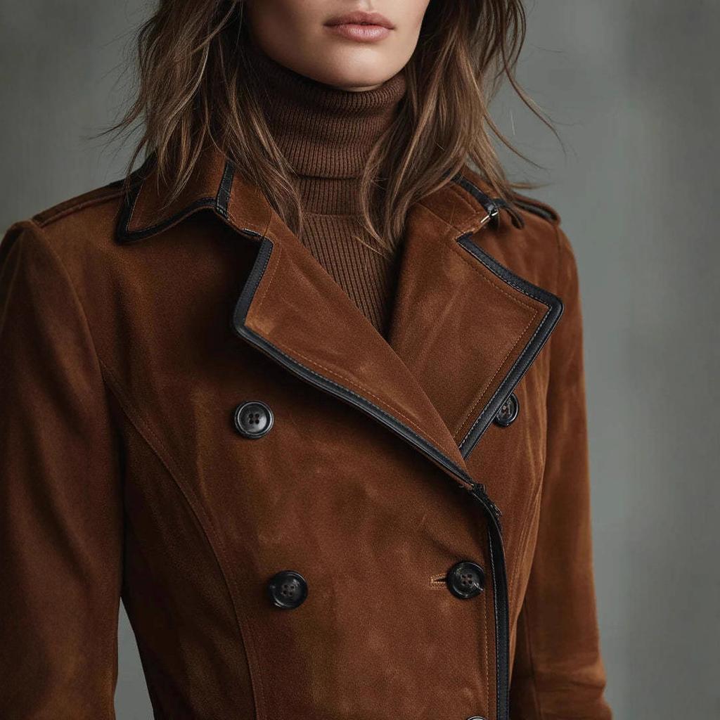 Women's Lapel Double Breasted Suede Long Sleeve Maxi Trench Coat