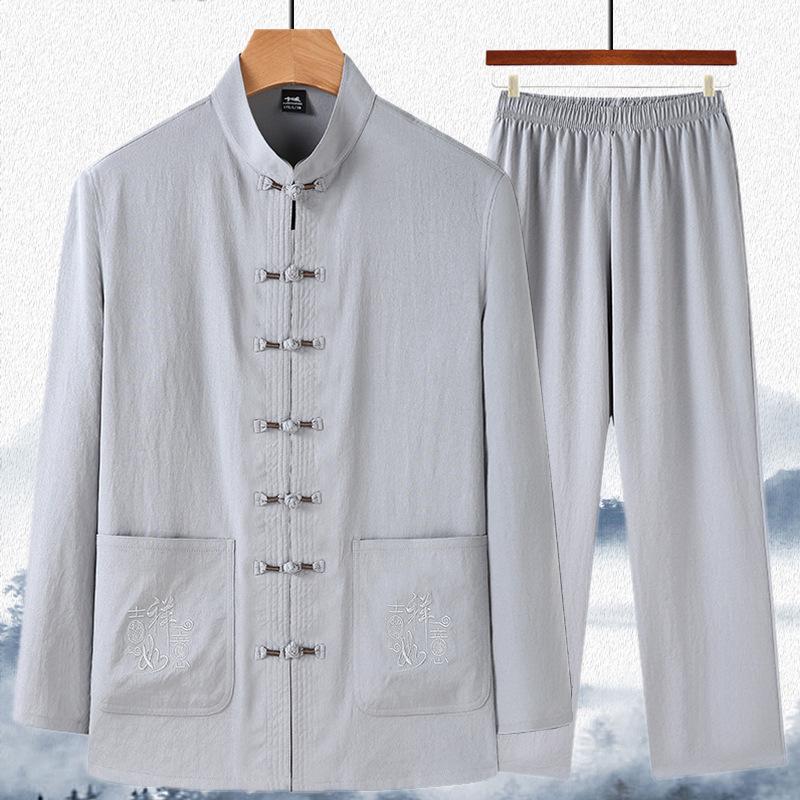 Pánský Tang oblek s dlouhým rukávem: Hanfu v čínském stylu pro jaro/léto - Ideální pro střední věk a seniory, tatínkovo a dědečkovo tričko na tai-či