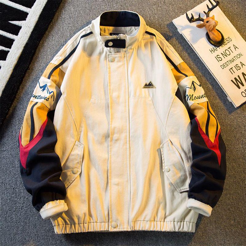 

Men s Vintage Color Block Baseball Jacket - Spring/Autumn 2025, Cool Stand Collar Patchwork Design XL [Recommended for 130-145 lbs] абрикосовий