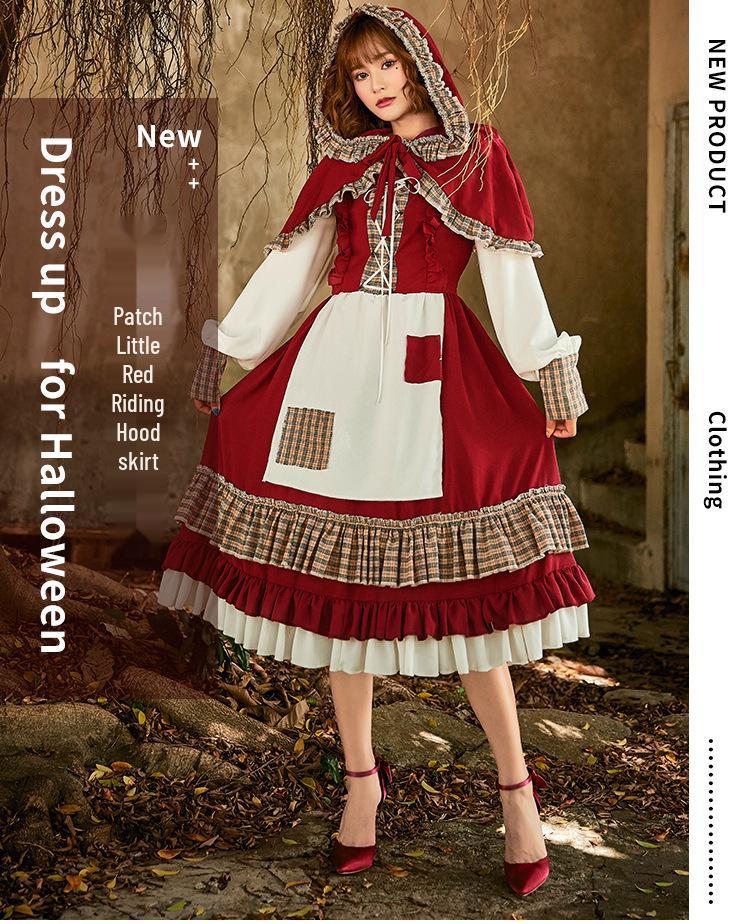 Lolita Nostalgisches Spitzen-Rotkäppchen Cosplay Kleid - Weinrot Halloween Kostüm