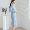 New Arrivals Open Run Boat Neck Princess Line Sky Blue Stretch Midi Dress