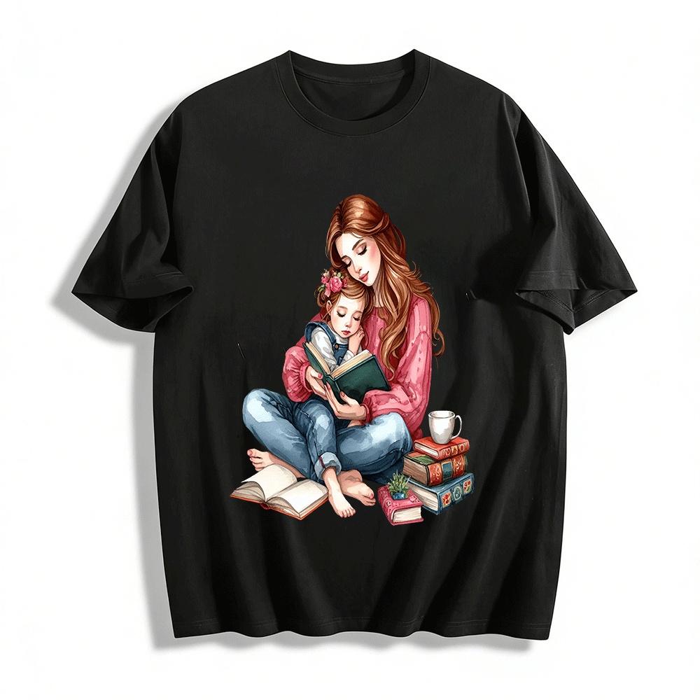 Warm Parent-Child Reading Print Casual Top Pure cotton T-shirt XXS