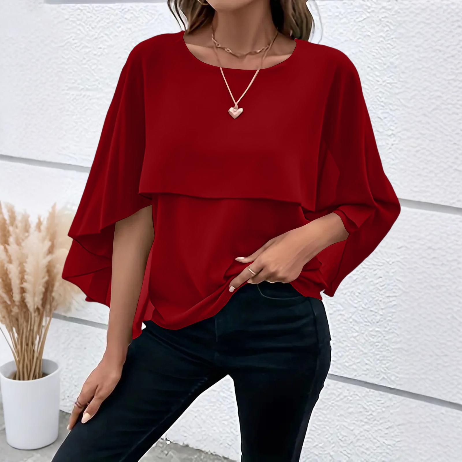 

Women s Casual Fashion Round Neck Cloak Sleeve Top XL винний