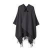 Solid Color Toggle Button Cape Shawl Tassel Hem Soft Faux Cashmere Poncho Wrap for Women