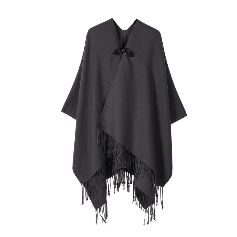 Solid Color Toggle Button Cape Shawl Tassel Hem Soft Faux Cashmere Poncho Wrap for Women