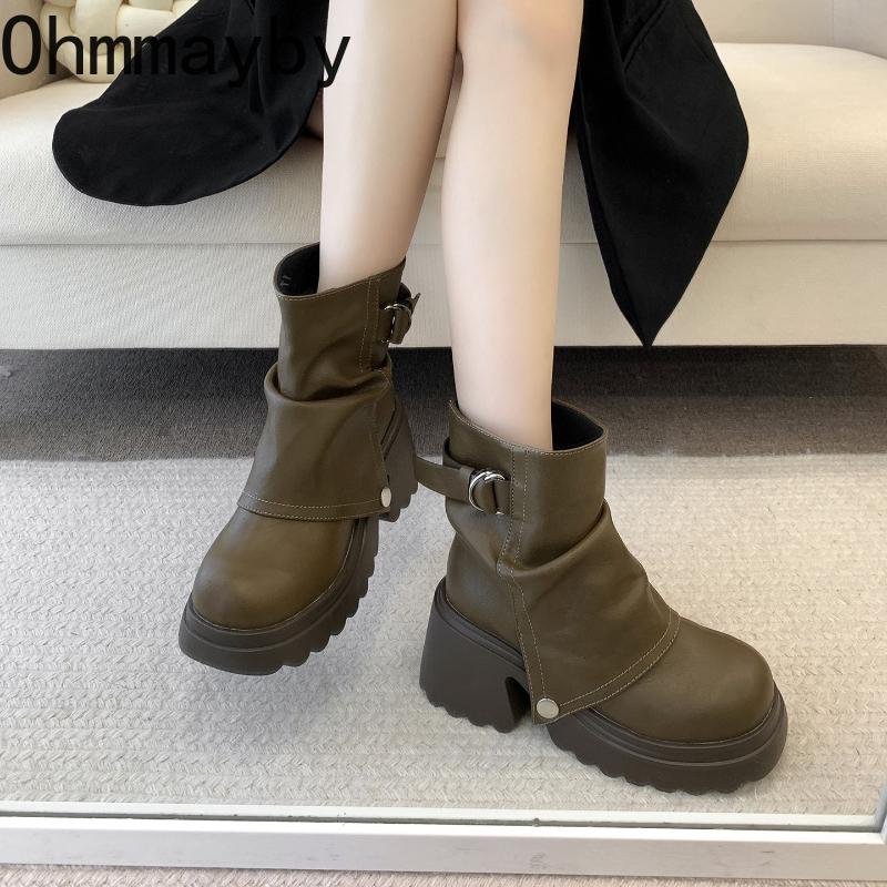Autumn Winter Belt Buckle Women Knight Boots Fashion Slip On Shoes Vintage Platform Thick Heels Ladies Short Booties