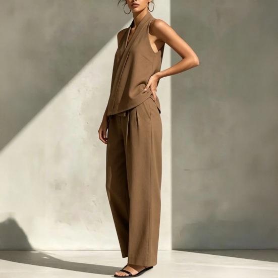 Women's Two Piece Set, Sleeveless V Neck Vest Top And Wide Leg Pants Matching Sets, Casual Business Office Work Outfits