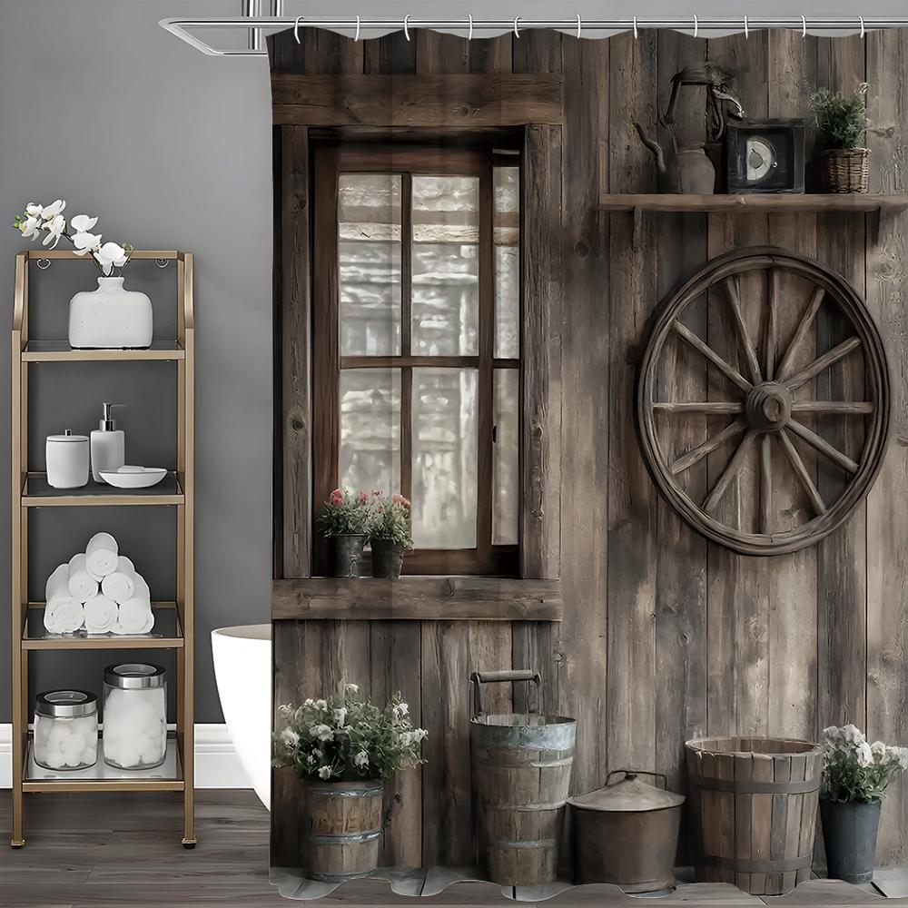 

Бревновый домик Колесо Кашпо Занавеска для душа, Декоративная занавеска для душа для ванной комнаты, Водонепроницаемая занавеска для душа с крючками 90*180cm