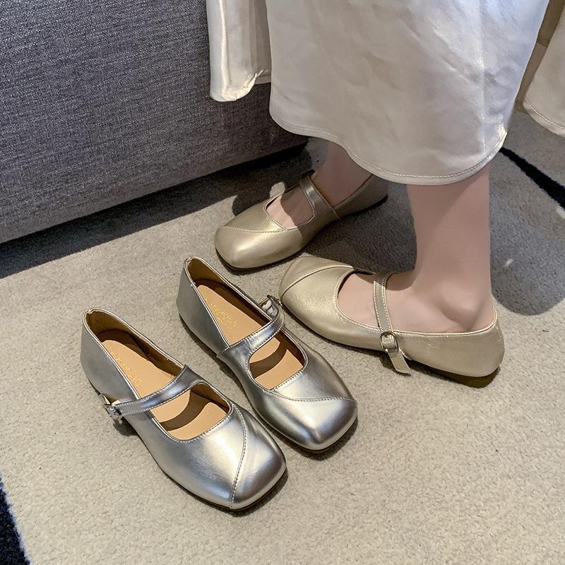 French Mary Jane silver square head light mouth single shoes women's 2025 new autumn skirt flat bottom gentle small leather shoes