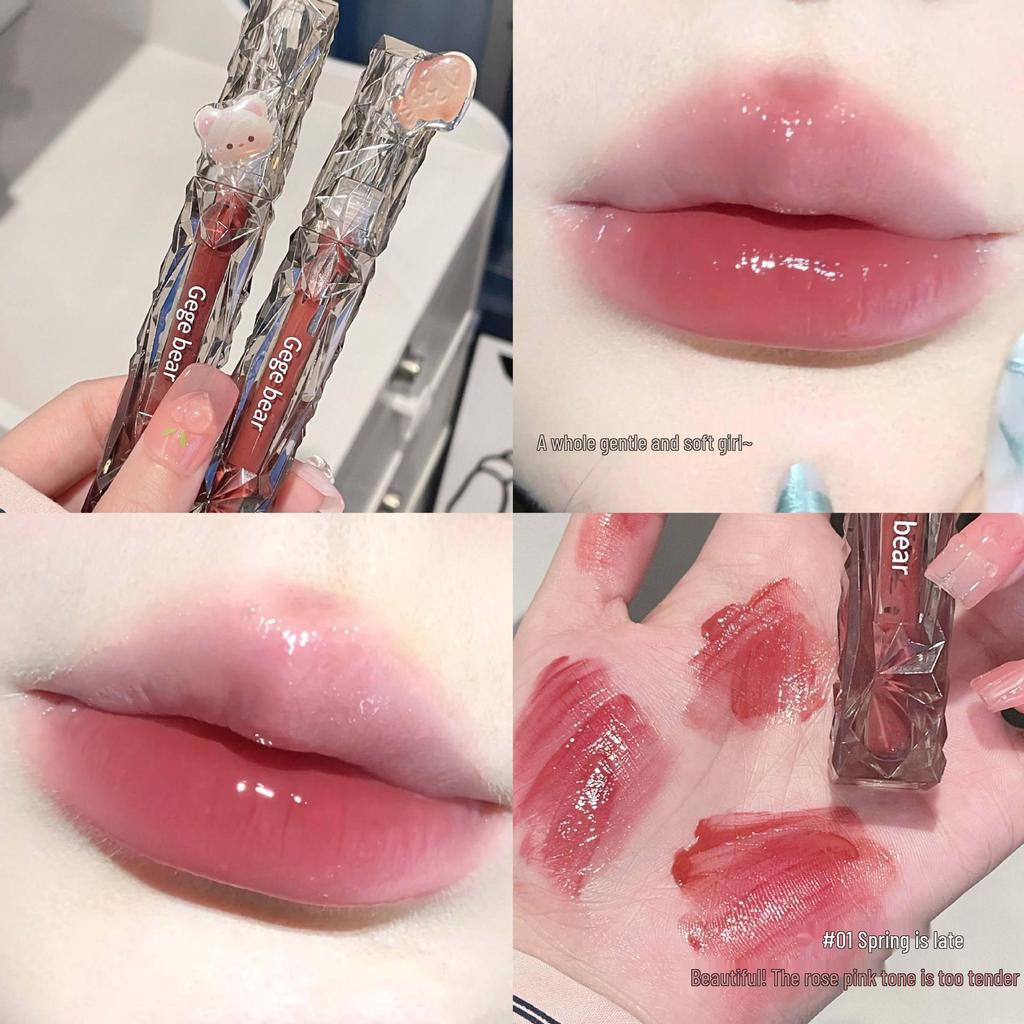 Gegebear Crystal Diamond Mirror Lip Gloss - Chestnut Red, Non-Transfer, Whitening, Spring/Summer Shade.