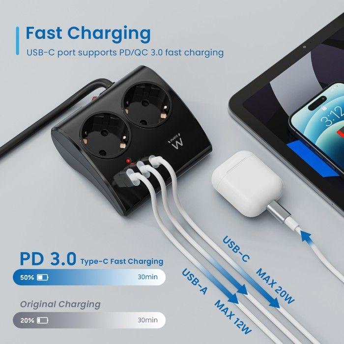 Multiprise de Bureau Ewent EW3871 2 USB-A/1USB-C 1.5m Noire