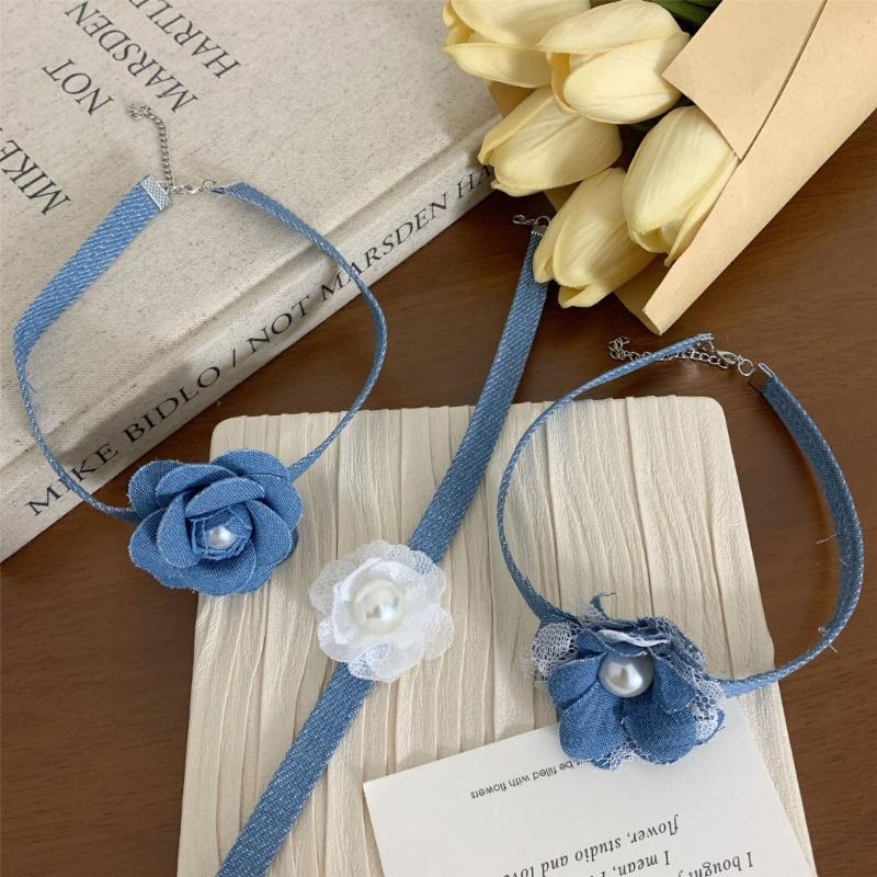 Elegante Collana Floreale in Jeans Blu Collare a Fiore 3D Catena con Lacci Choker Collane Tendenza Estiva Gioielli per la Clavicola