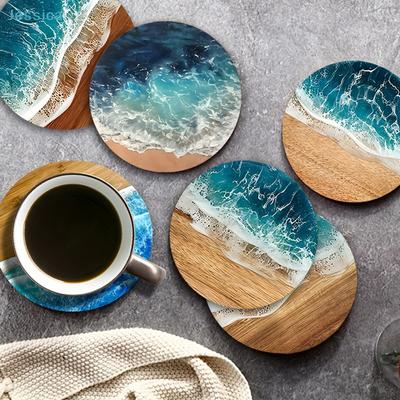 Ocean Wave & Wood Grain Coasters Set  Heat-Resistant Drink Coasters for Coffee/Tea Mugs, Beach Theme Home Decor