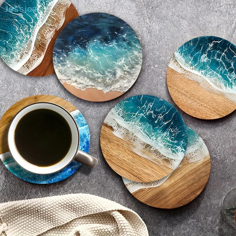 Ocean Wave & Wood Grain Coasters Set  Heat-Resistant Drink Coasters for Coffee/Tea Mugs, Beach Theme Home Decor