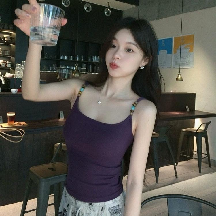 #Summer new sweet la beaded shoulder strap design sling vest slim fit all-match top with chest pad