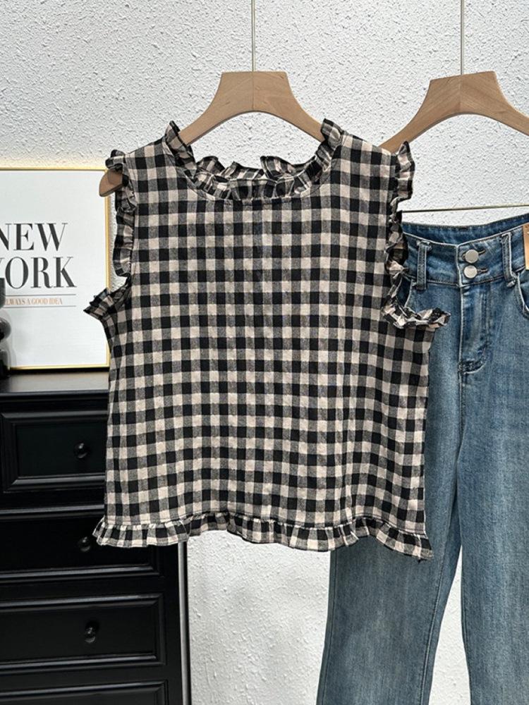 Women's French Retro Plaid Sleeveless Top - Summer Fashion with Ruffled Hem and Tie-Up Open Back