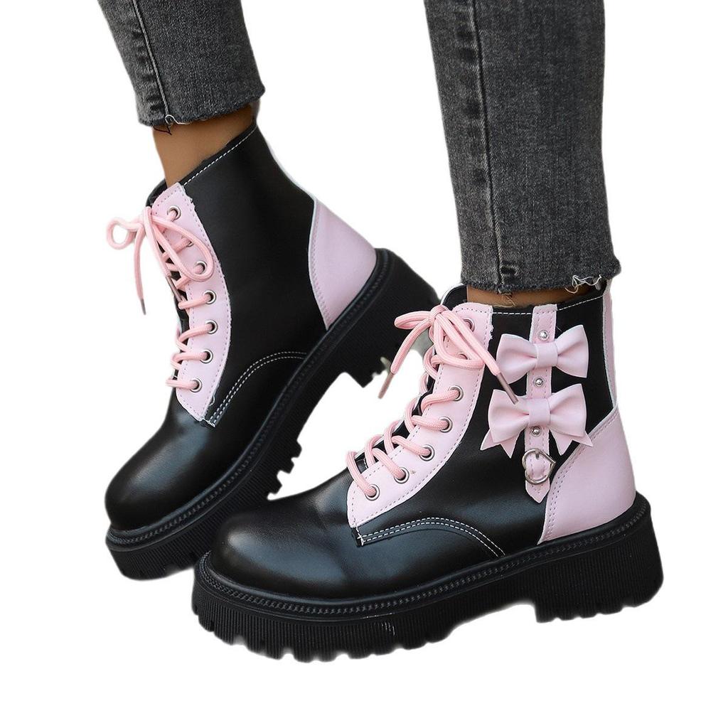 Women's Pink Heart Martin Boots: Korean Style, Thick Sole, British-Inspired, Versatile Lace-up Short Boots