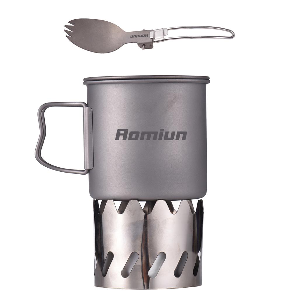 Camping Kochset Ti 500ml Tasse Gabel Löffel Spirituskocher Windschutz Tragbare Camping Kochsets für