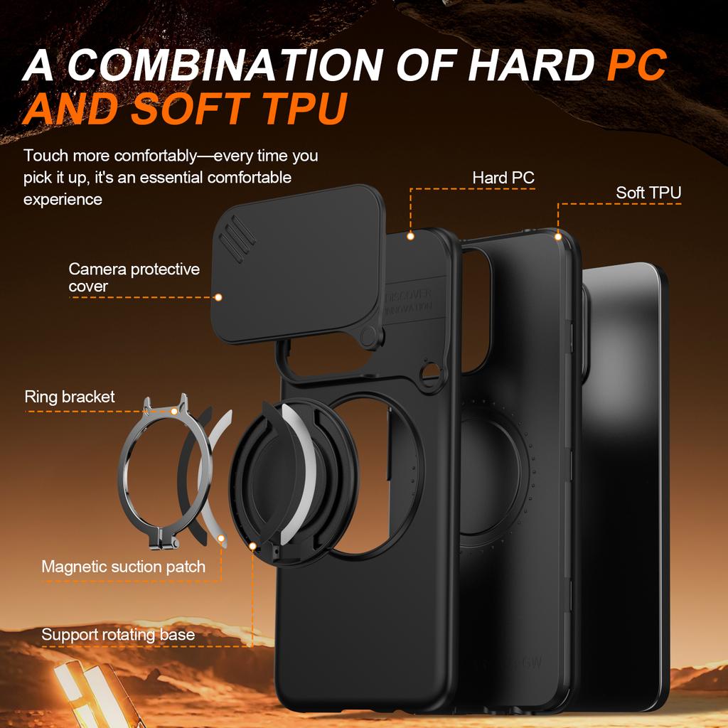 Sliding Camera Lens Cover Armor Phone Case For Honor 200 Smart 5G X7C Magnetic Metal Ring Stand TPU Plastic Shockproof Shell