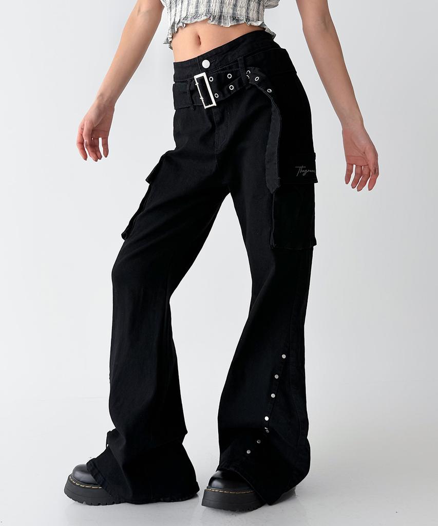 THE GREEN LAB Studded Belt Bootcut Cargo Pants [Black]