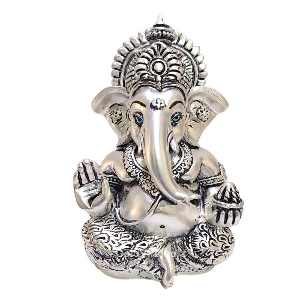 Matte Silver Plated Antique Mukut Ganesha - 3.5" - Perfect for Gifting, Home Decor, Car Dashboard Murti Ganpati Idol for Home Decor