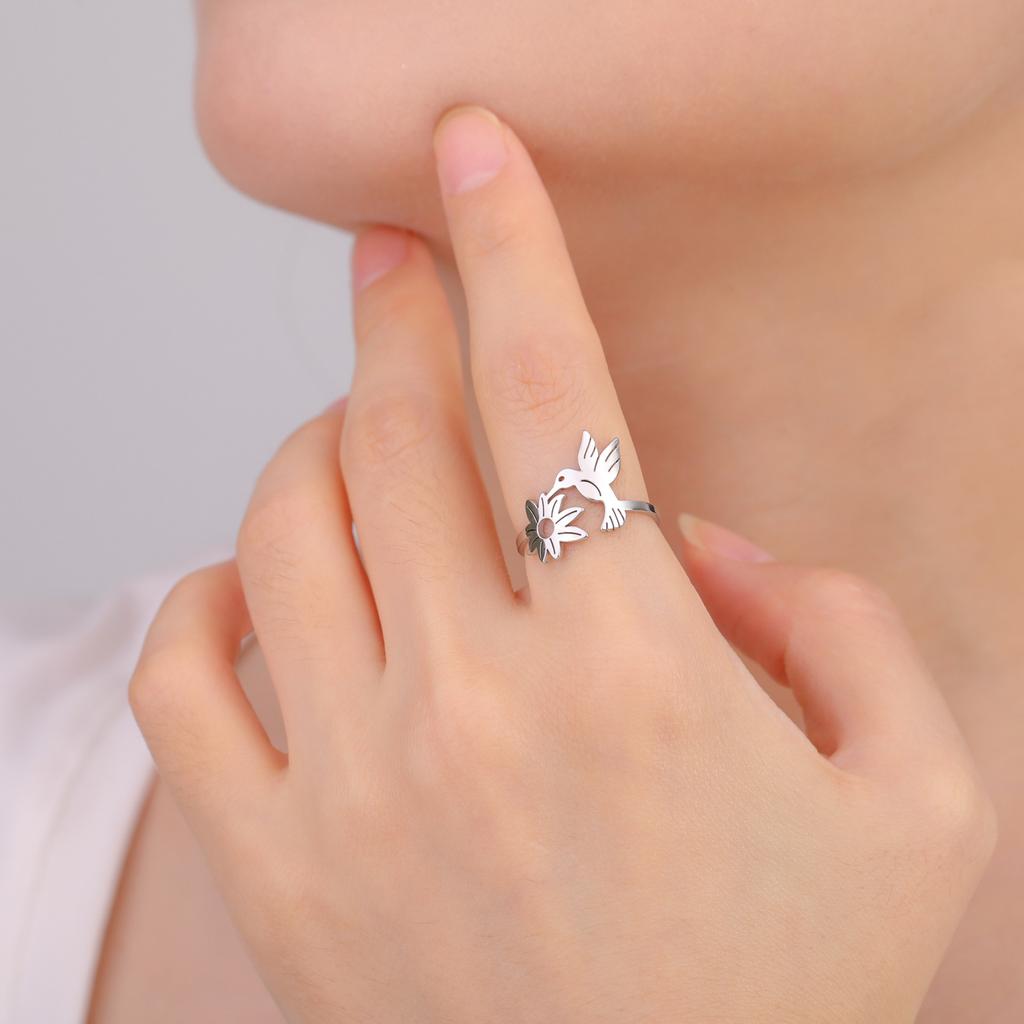 Sweet Flower Bird Ring Fashion Gold Fade Resistant Jewelry