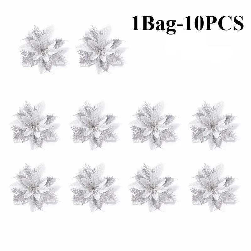 50PCS Christmas Flower Glitter Powder Artificial Flower Christmas Decoration Christmas Tree Flower Christmas Gift Box Decora