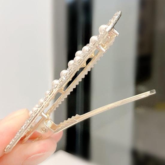 Women Hairpin Bow Shape Faux Pearl Rhinestone Faux Crystal Decor Hollow Out Exquisite Anti-slip Sparkling Luxury Hair Decoration Hair Clip