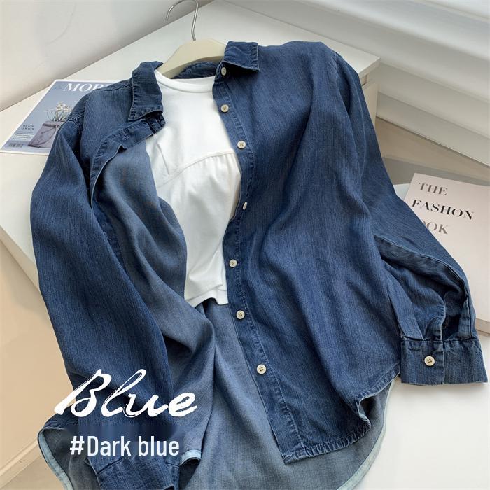 

Женская темно-синяя джинсовая куртка-рубашка из тенселя - Мягкая, свободная, средней длины для осени One Size