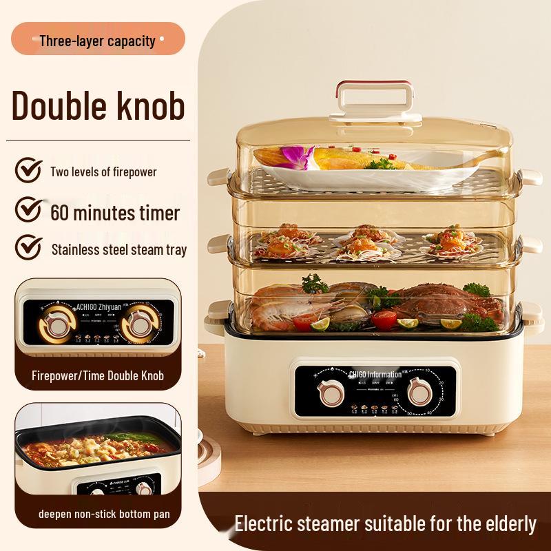 

ZhiGao Triple-Layer Electric Steamer & Cooker with Timer, Large Capacity, Double Knob Control, Ideal for Steaming Fish & More.