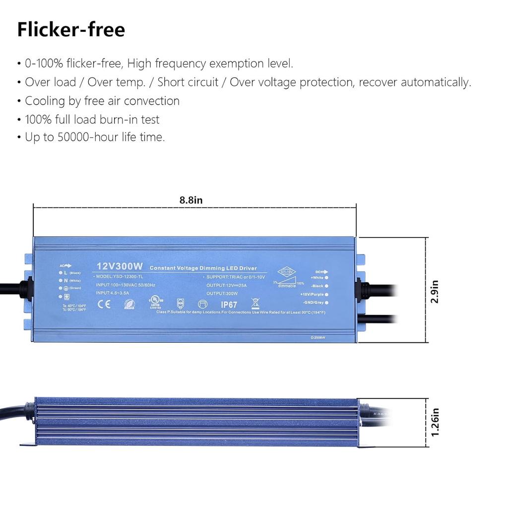 12V 300W Dimmable LED Driver, IP67 Waterproof Transformer, AC 110V Triac Power Supply for Strip Lights