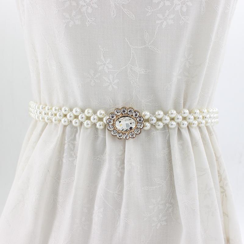 Korean Version of Women's Rhinestone Pearl Waist Chain Fashion Dress Decorative Elastic Waist Belt Women's Sweet Flower Elastic Waist Seal