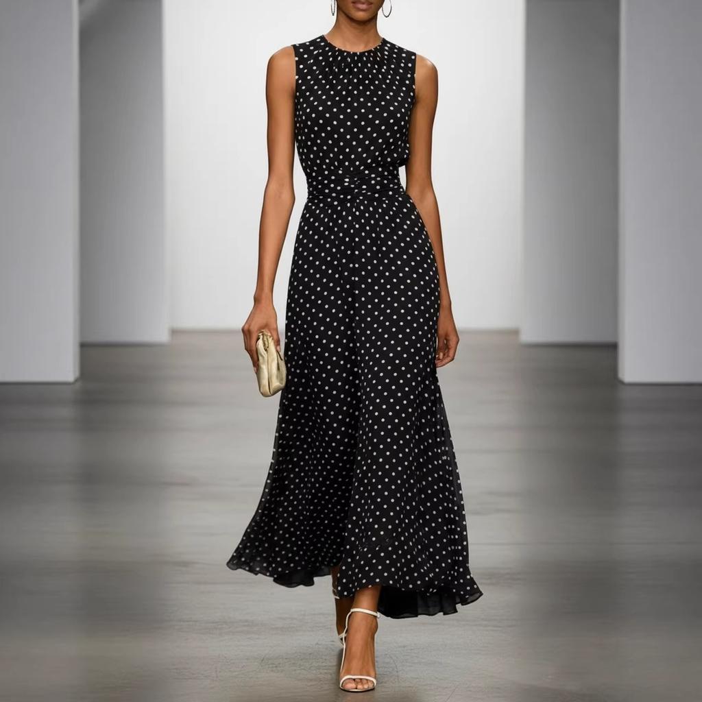 Spring new models, European and American polka dot sleeveless dress for women, French waist temperament long dress, thin A-shaped dress for women