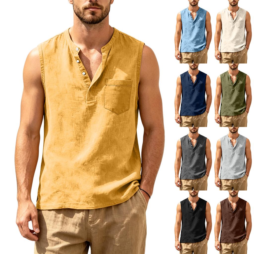 Men Sleeveless Henley Shirt Loose Fit Casual Beach Vest with Pocket Summer Tank Top Linen Blend