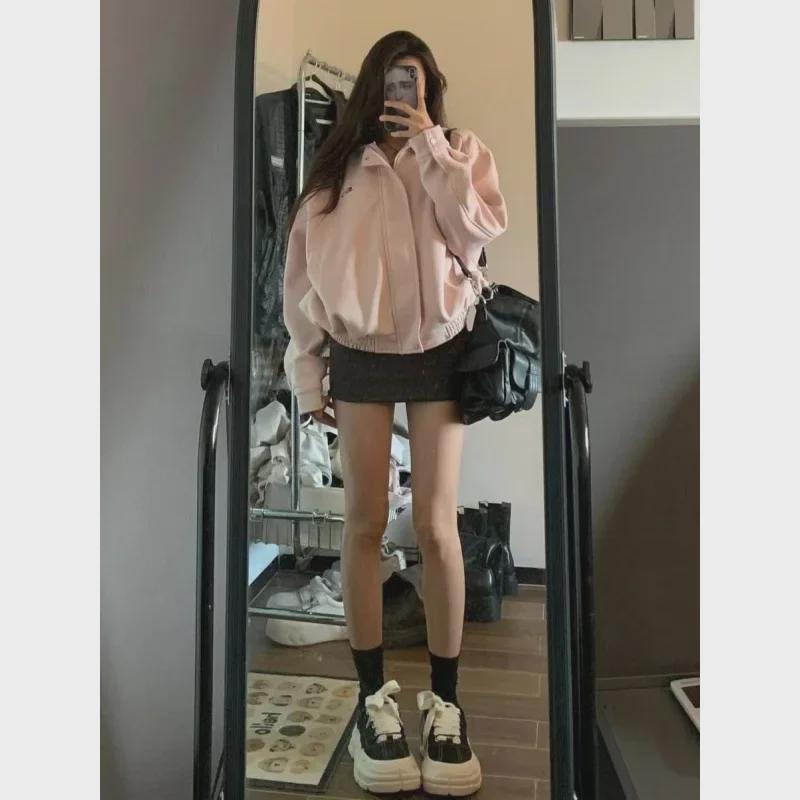 Hong Kong Style Pink Lapel Workwear Jacket for Women - Retro Spring/Autumn Design