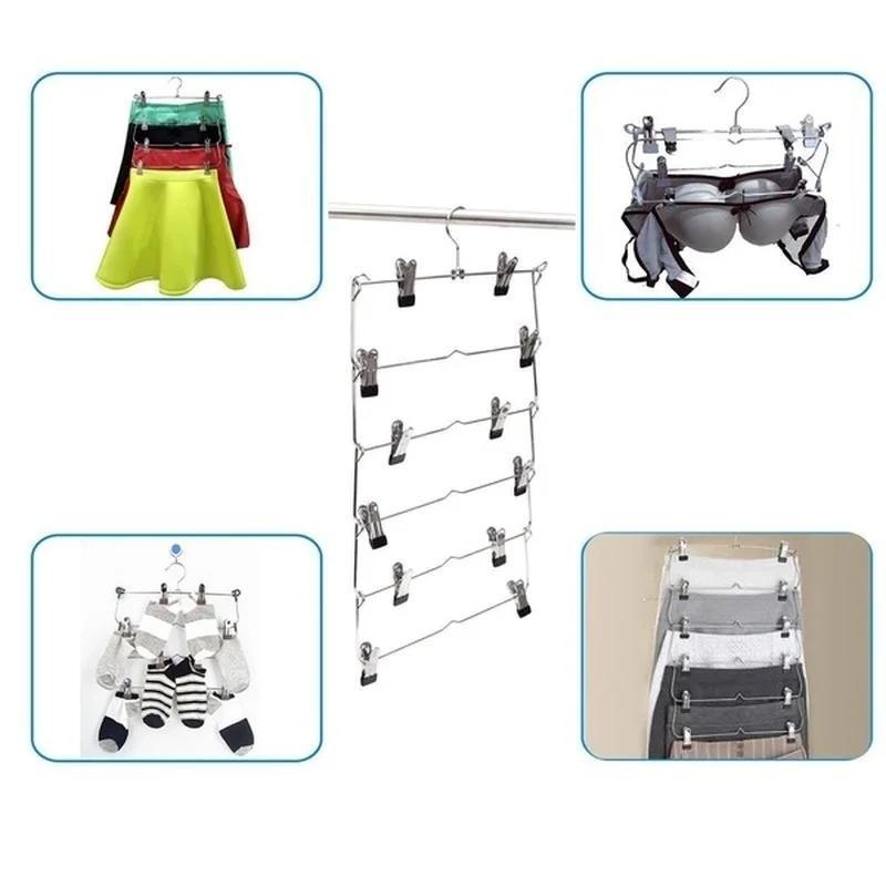 New 6 Layer Clothes Hangers Multilayer Skirt Trouser Hanger For Pants Non Slip Metal Hanger Clips Clothing Storage Rack Holder