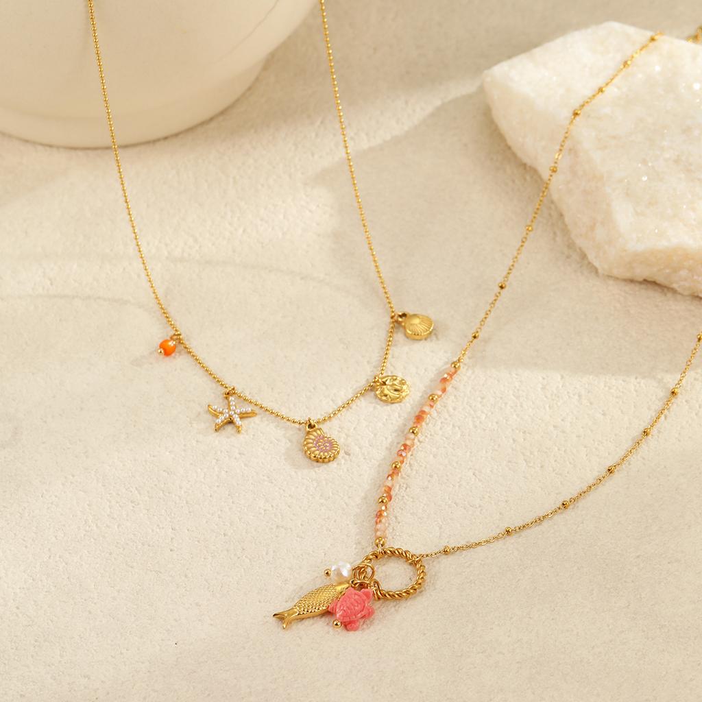 GEMCHIC Women's Ocean Sea Starfish Shell Layered Necklace Gold Plated Stainless Steel Beach Summer Jewelry