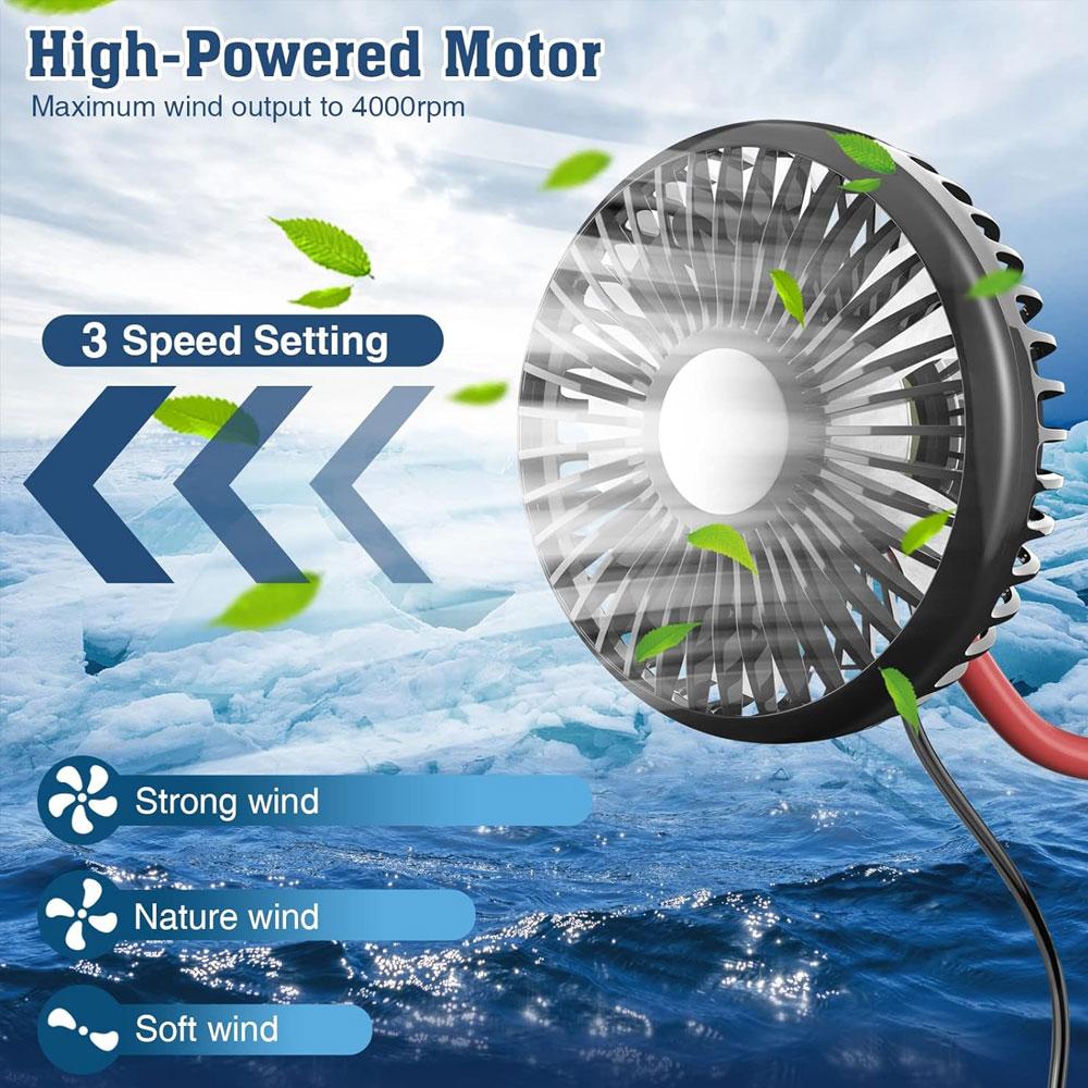 5V Car Fan Cooling Backseat Fan 360 Degree Rotatable 3 Speeds Strong Wind Quiet Ventilation Fan  Adjustable Clip Car Seat Fan
