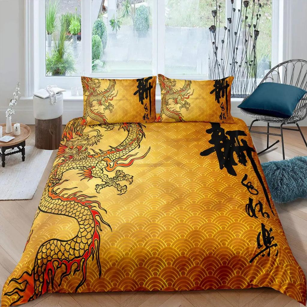Red Base Black Dragon Print Duvet Cover Set Chinese Dragon Pattern Bedding Sets Full Size Microfiber 2/3 Pieces Comforter Sets