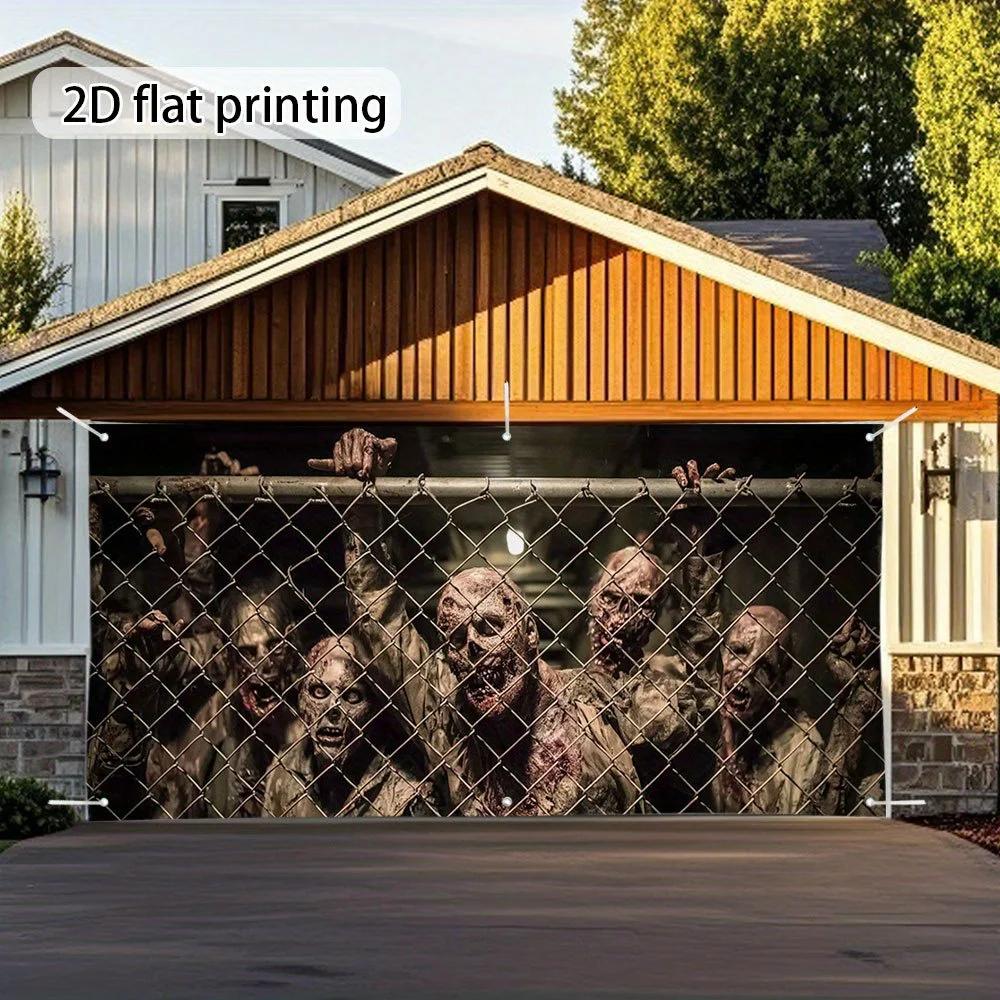 2D door banner, 1 large horror zombie fence garage door cover - realistic zombie hands and faceszyc