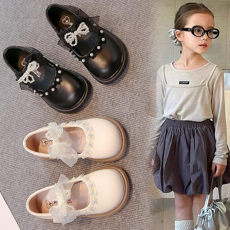 Girls leather shoes pearl bow princess shoes 2025 spring and autumn new children's single shoes student black performance shoes tide