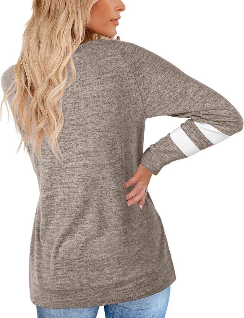 Damen V-Ausschnitt Langarm Kontrastfarbe Lockeres T-Shirt