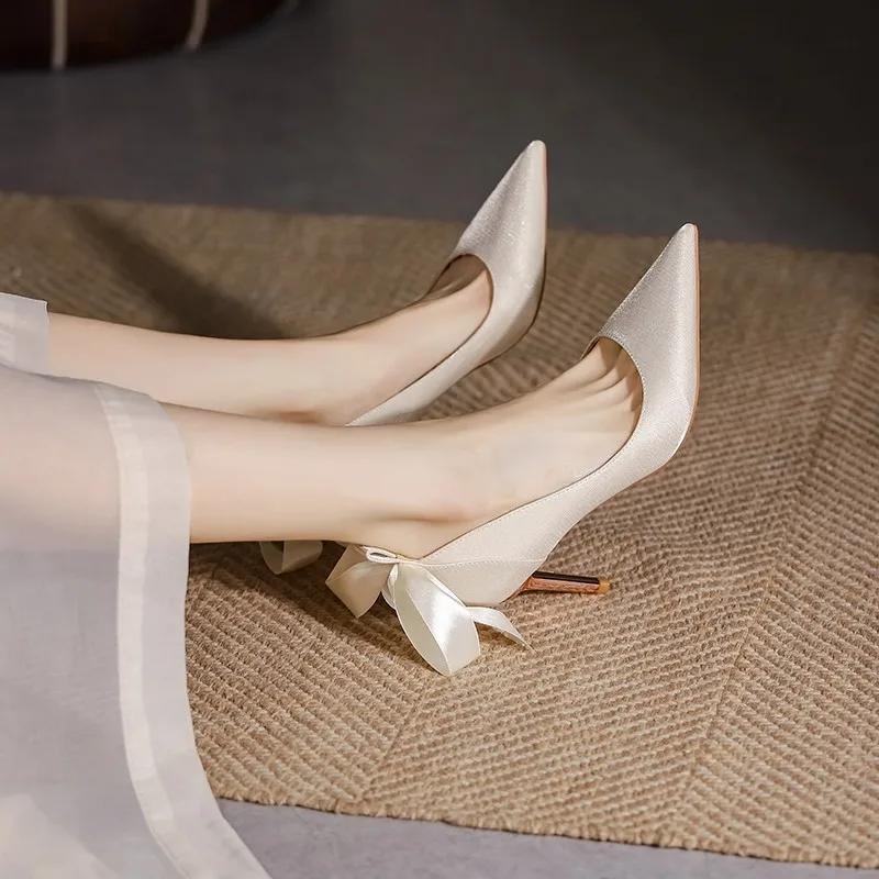 Maogu Satin Rhinestone Crystal Shallow Pumps Stiletto High Heel Luxury Women's Shoe 2024 Spring White Women Bridal Wedding Shoes