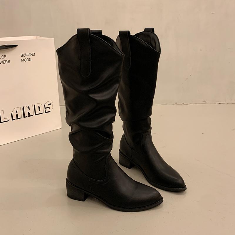 Fashion Autumn Winter Vintage Woman Knight Knee High Boots Shoes Ladies Concise Slip On Western Cowboy Botas